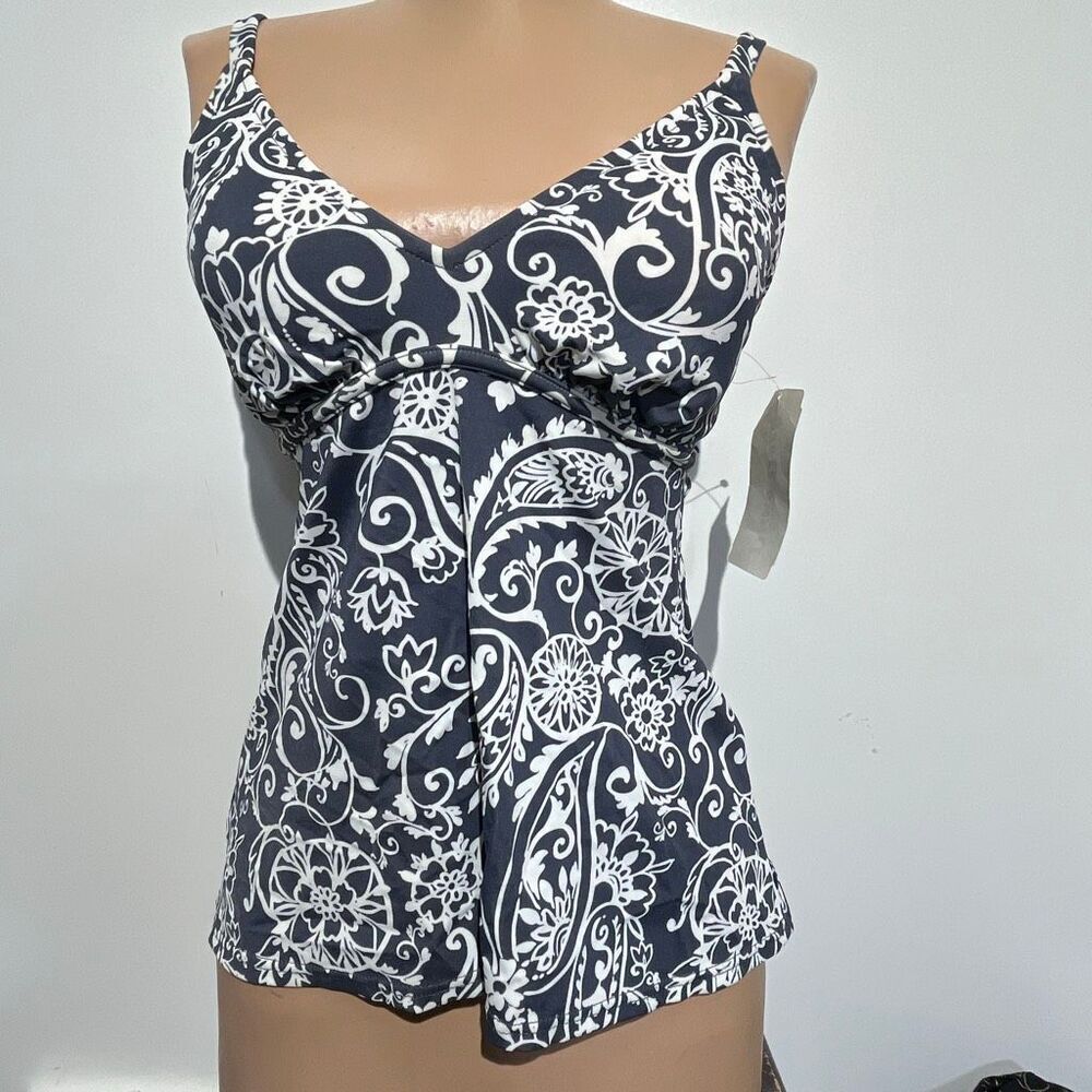 Dune Deck Women's Black White Paisley V-Neck Tankini Swim Top Size 8 NWT‎